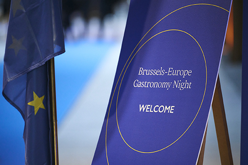 European flag and welcome sign during the Brussels-Europe Gastronomy Night