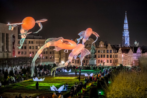 Giant bright orange kites in the Brussels night sky.
