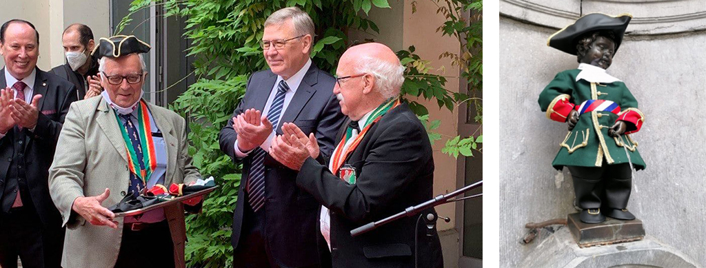 Foto links: De protagonisten staand op een rode loper . Foto rechts: Manneken-Pis in een groen uniform met rode mouwomslagen en met een zwarte steek.