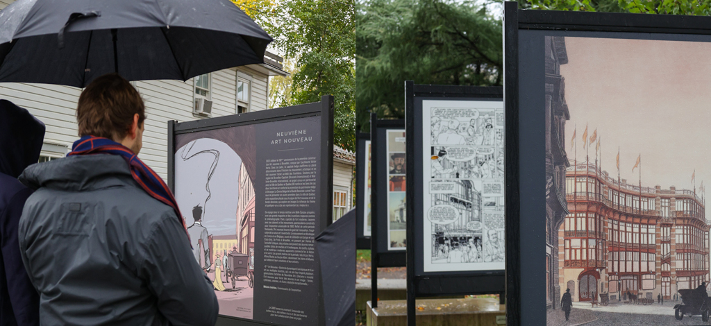 Photo de gauche : Deux personnes regardent un panneau de l’exposition. Photo de droite : Panneaux de l’exposition en plein air.