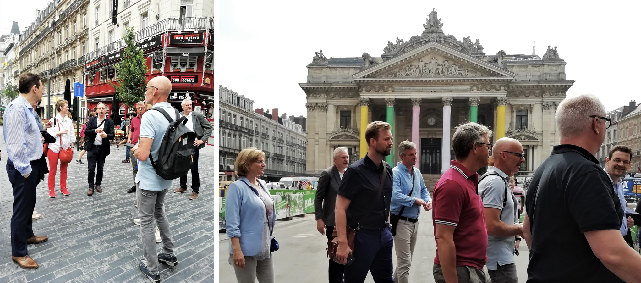 The members of the Norwegian delegation listen attentively to their guide and after, walk past the Stock Exchange, in Brussels