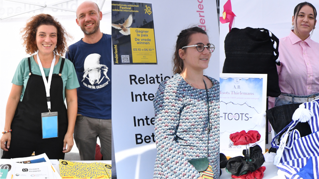 Quatre personnes à des stands, avec des affiches et des produits artisanaux exposés